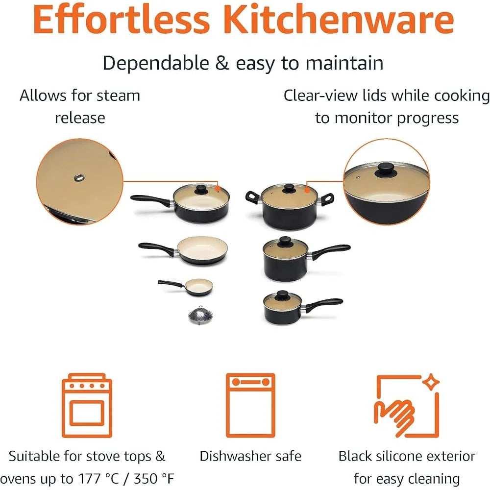 Ceramic Nonstick Cookware Set 11-Piece PFOA PTFE Free Healthy Cooking Pots Pans Aluminium Body with Glass Lids Dishwasher Safe
