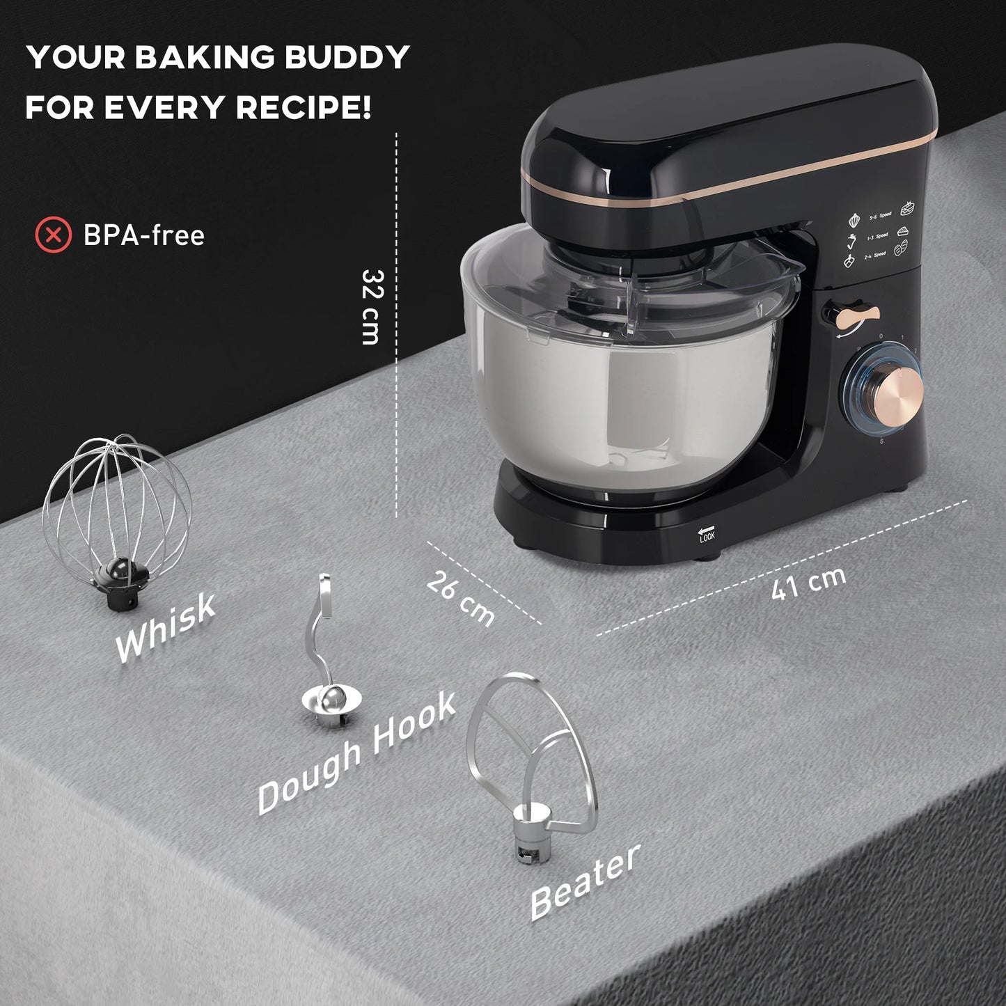 HOMCOM Electric Stand Mixer, 5L Food Mixer with Dough Hook, Whisk