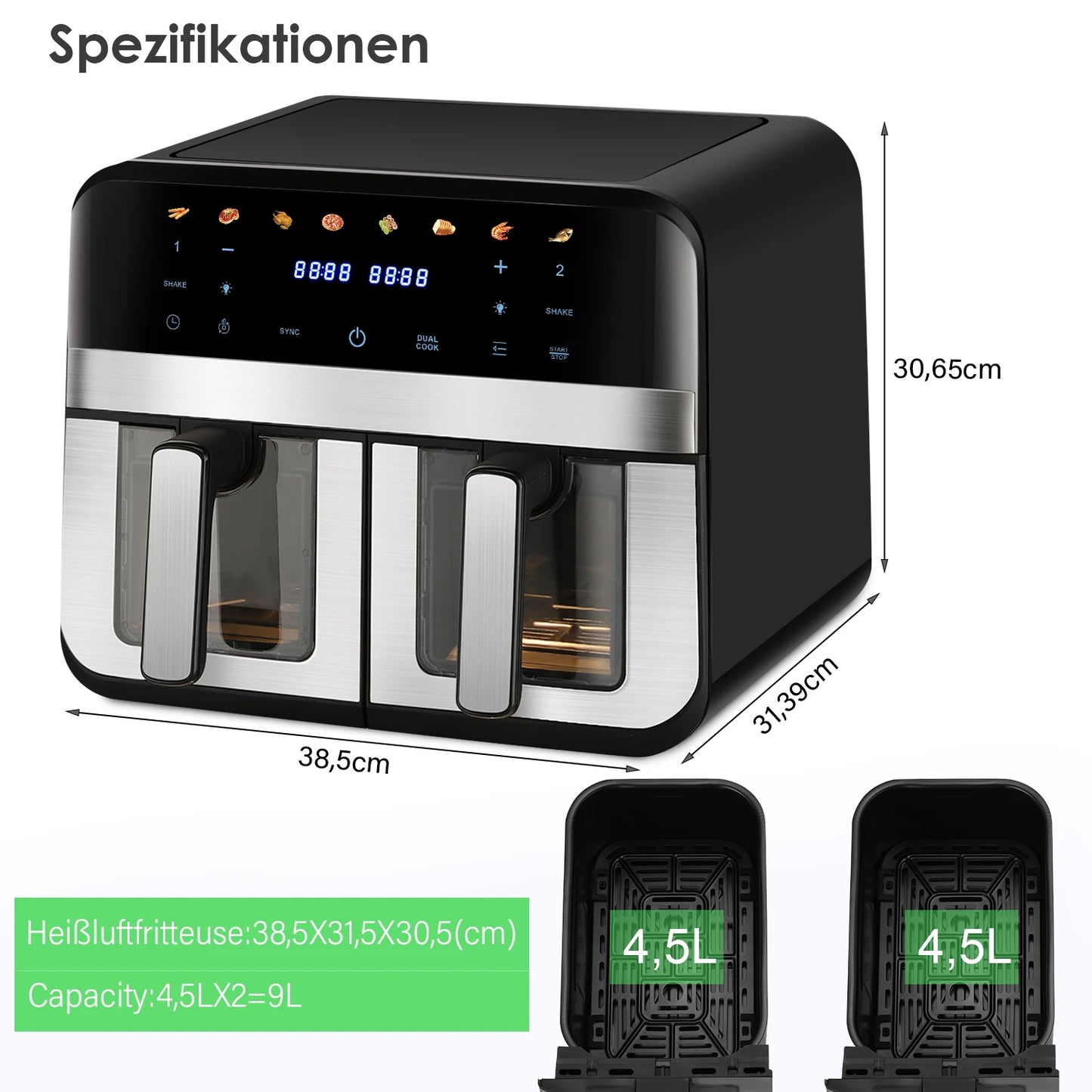 Double Basket Air Fryer 9L XXL 2400W 8 Modes Healthy Oil-Free Frying&Baking Oven 8-in-1 Air Fryer NEW