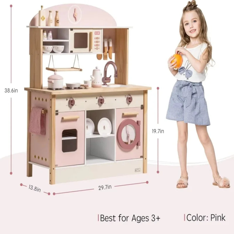 Robotime Robud Wooden Play Kitchen with Realistic Accessories Toy Kitchen Set with Play Features Toy Kitchen for Girls Boys