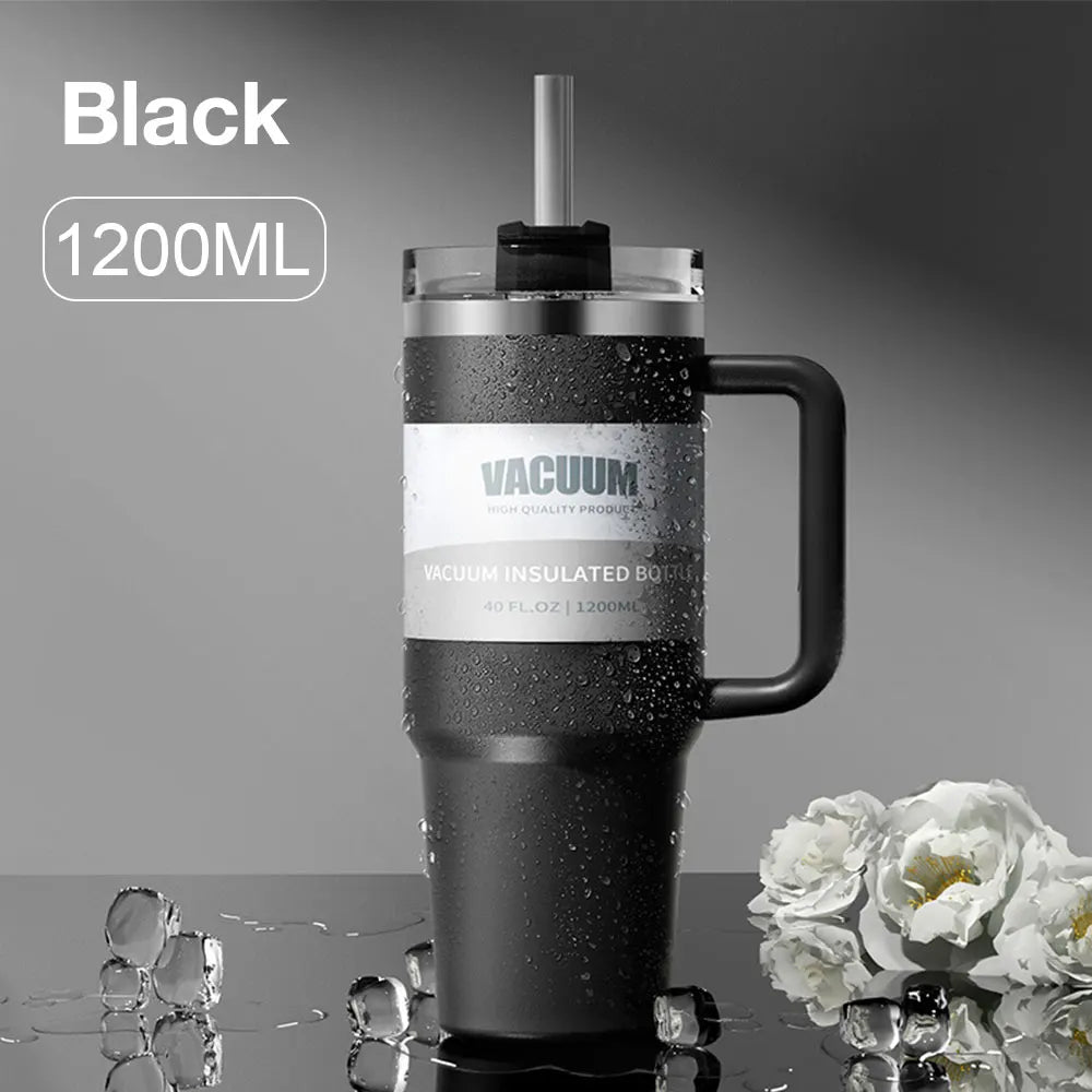 40oz 304 Stainless Steel Insulated Water Bottle Thermal Coffee Car Cup Cold Hot Mugs Vacuum Flask With Handle Straw For Sport