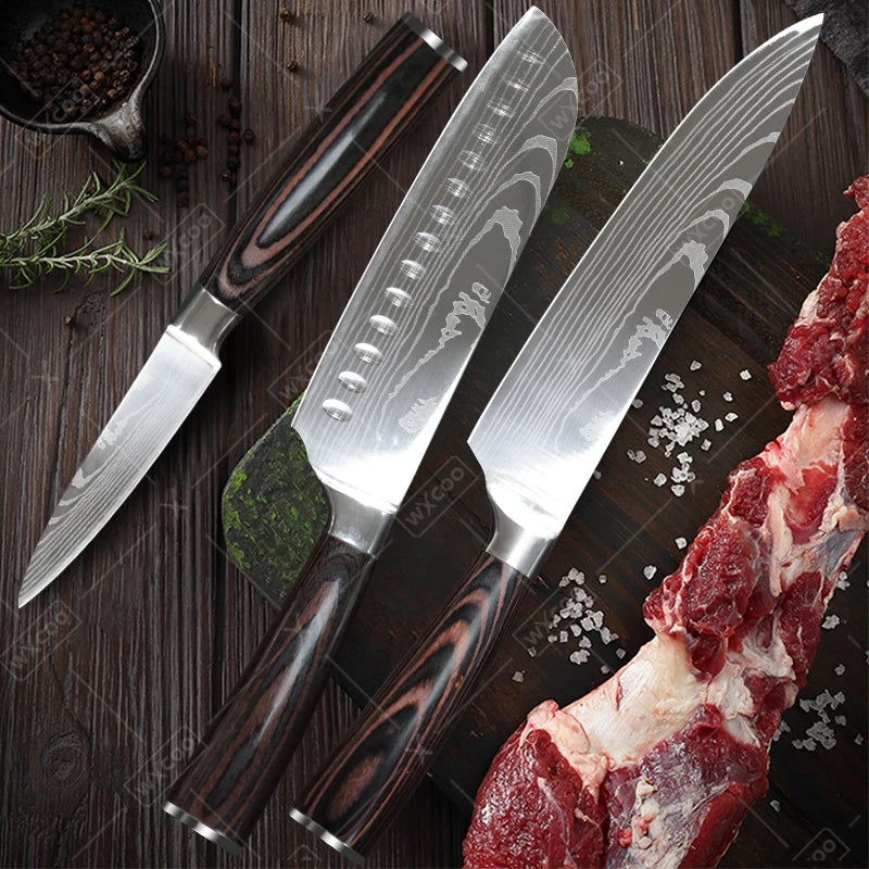 WXCOO Chef Knife Japanese Kitchen Knives Set Professional Laser Damascus Pattern Stainless Steel Meat Cleaver Slicer Knife