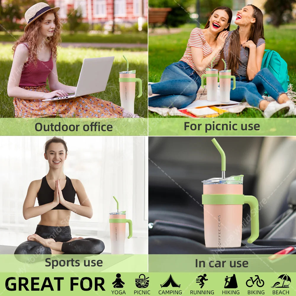 40oz Stainless Steel Thermos Bottle with Handle Straw Gradient Large-Capacity Coffee Cup Insulated Tumbler Bottle Thermal Mug
