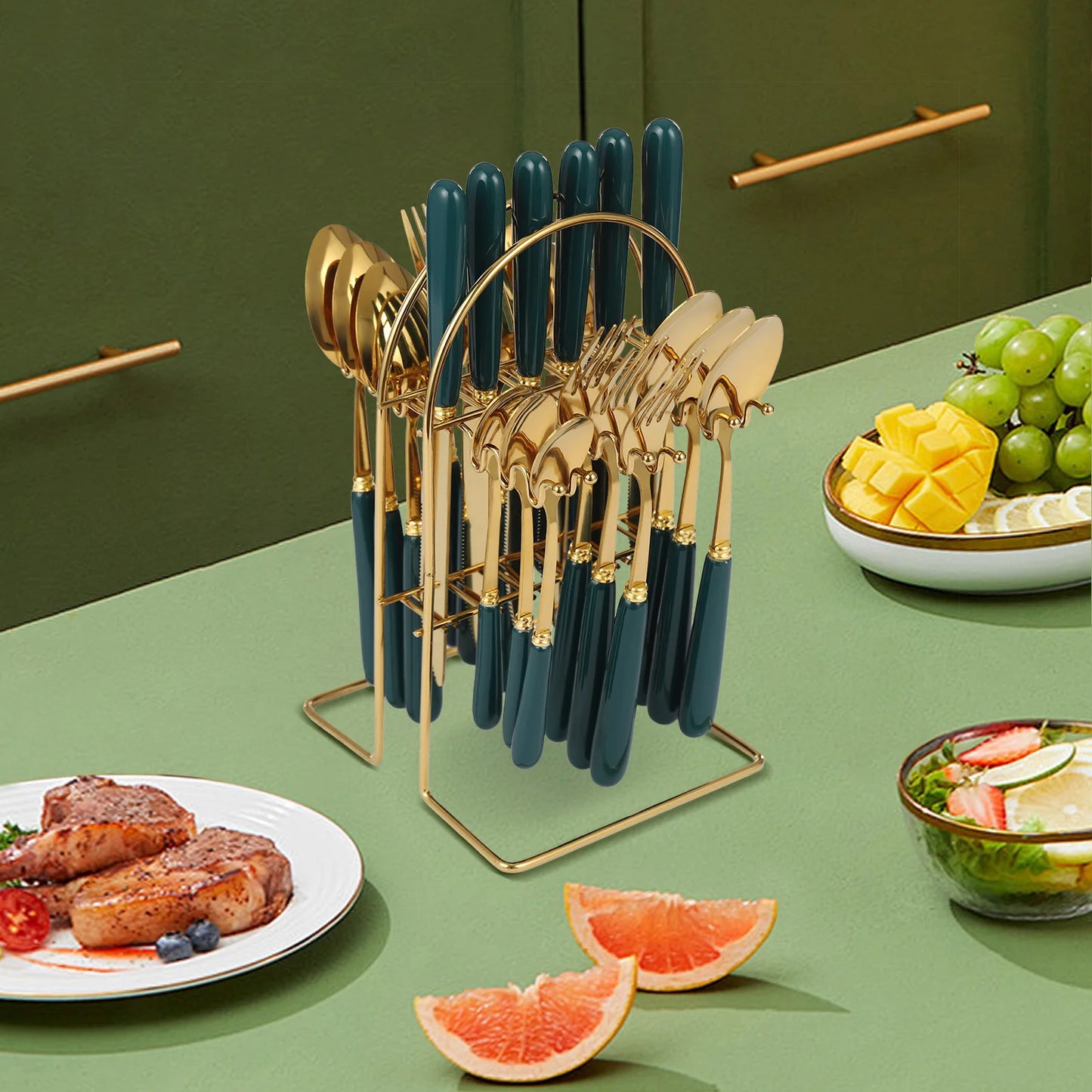 Stainless Steel Cutlery Set with Stand, Dark Green Handle, 24 PCS Cutlery Set for Kitchens