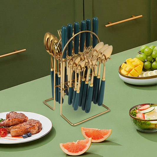Stainless Steel Cutlery Set with Stand, Dark Green Handle, 24 PCS Cutlery Set for Kitchens