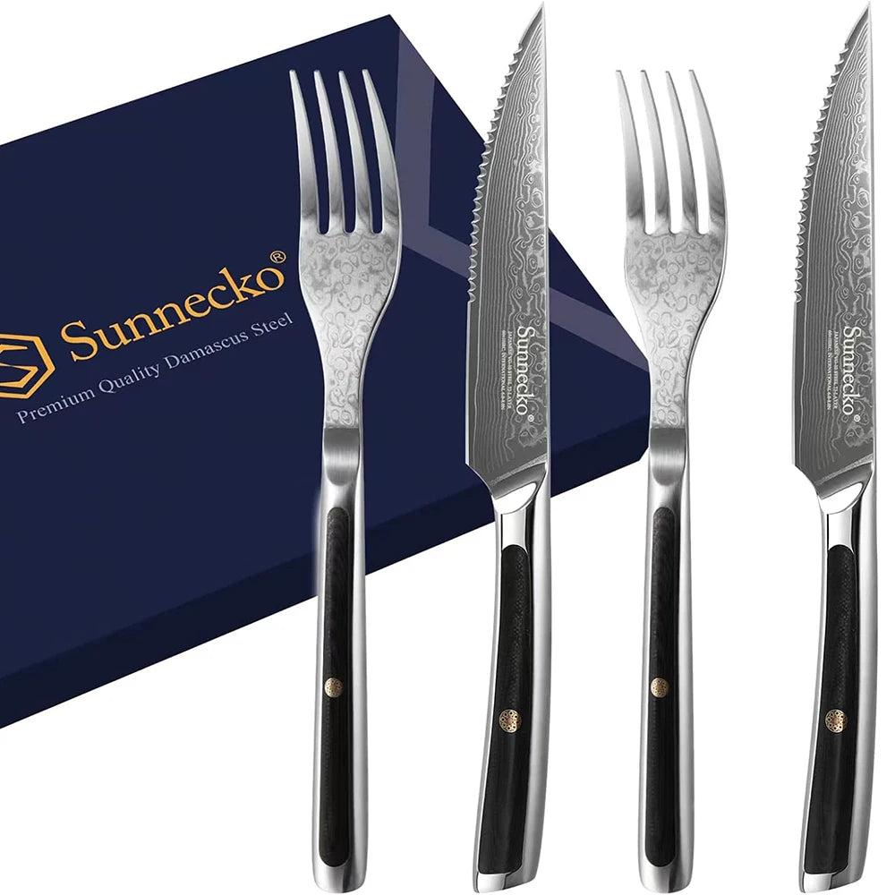 Sunnecko Forks and Steak Knives Set 73 Layers VG10 Damascus Steel Table Meat Slicing Knife Ultra Sharp Tableware Cutlery Tools