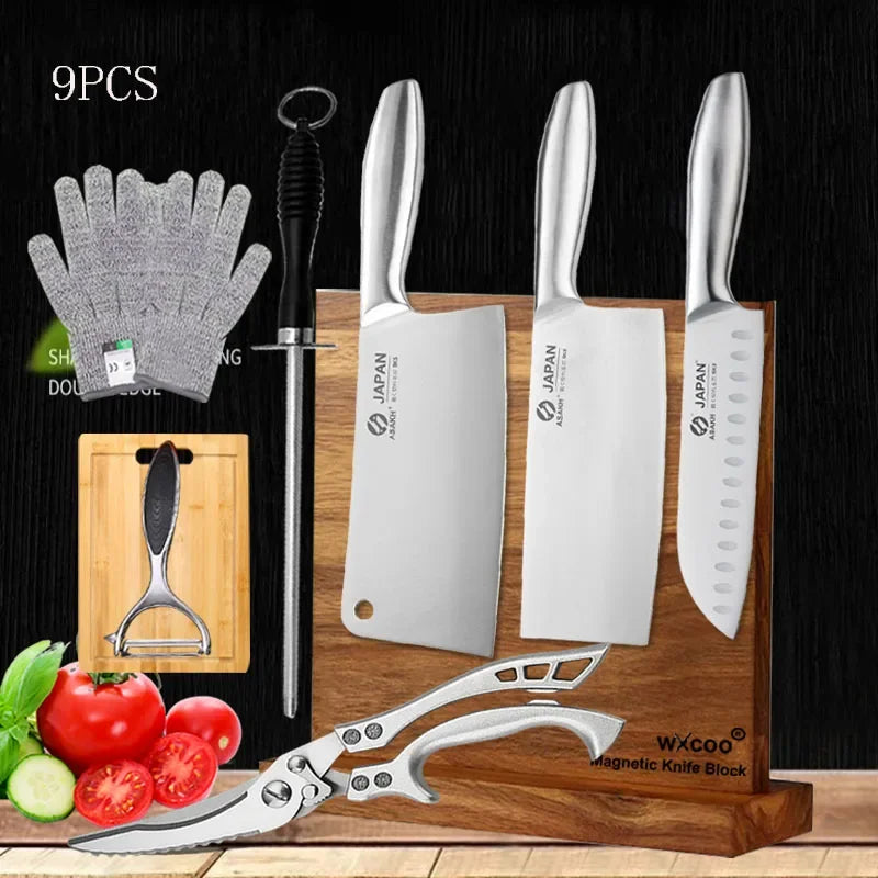 Professional Kitchen Knives Chef Chopping Knife Hollow Handle Meat Vegetable Slicing Knife Solid Wood Magnetic Knife Block