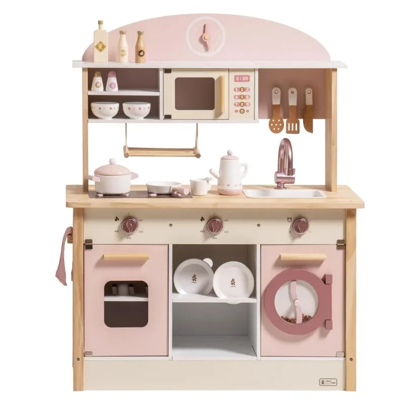 Robotime Robud Wooden Play Kitchen with Realistic Accessories Toy Kitchen Set with Play Features Toy Kitchen for Girls Boys