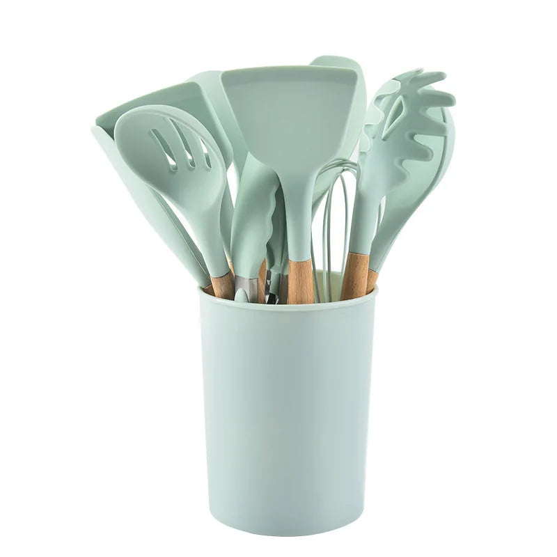 12-piece Set Wooden Handle Silicone Kitchen Utensils Silicone Kitchen Utensils Non-stick Pan Cooking Spatula Baking Storage Tool