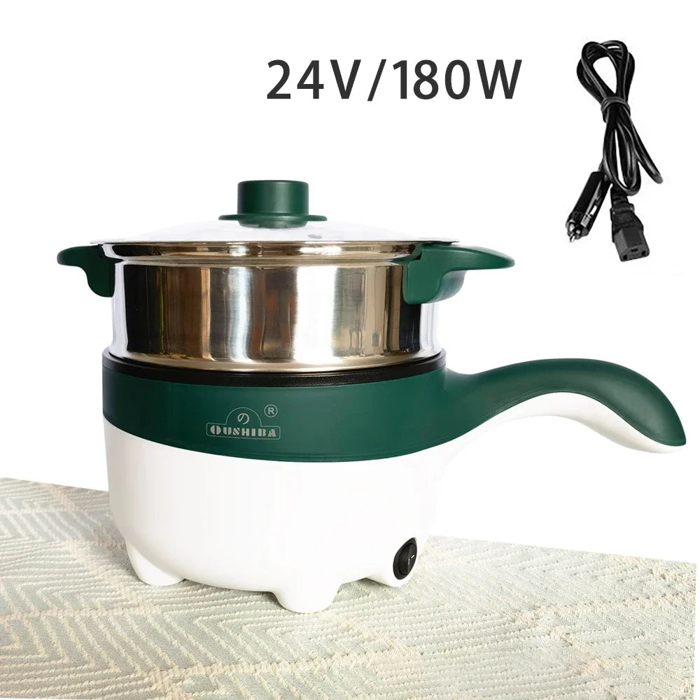 Mini 2L 12/24V Car Truck Non-stick Multifunction Electric Cooking Skillet with Streamer for Soup Fry Stew Cook Hot Pot 180W