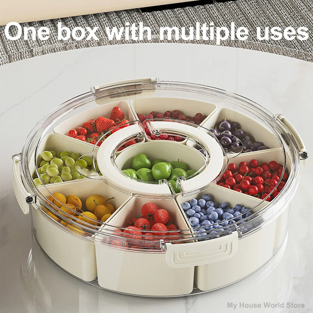Divided Rotating Serving Tray with Lid & Handle Portable Snackle Box for Fruits Snacks Veggie Charcuterie Clear Snack Organizer