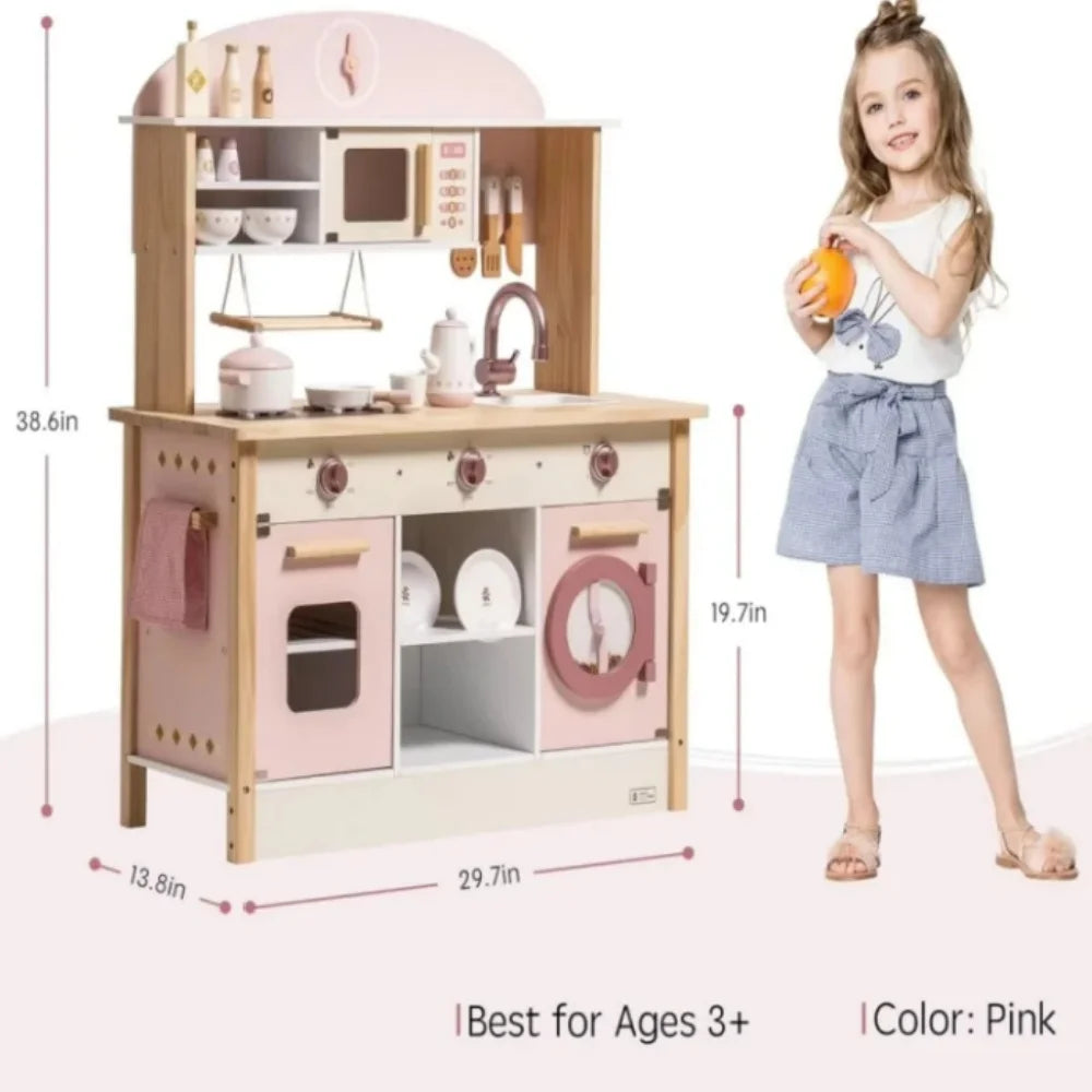 Robotime Robud Wooden Play Kitchen with Realistic Accessories Toy Kitchen Set with Play Features Toy Kitchen for Girls Boys