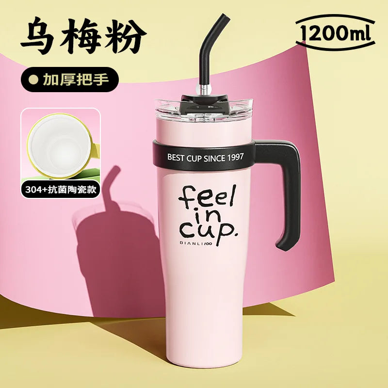 1200ml Ice Cup High quality Thermos cup with straw and handle Large capacity double cup heat preservation