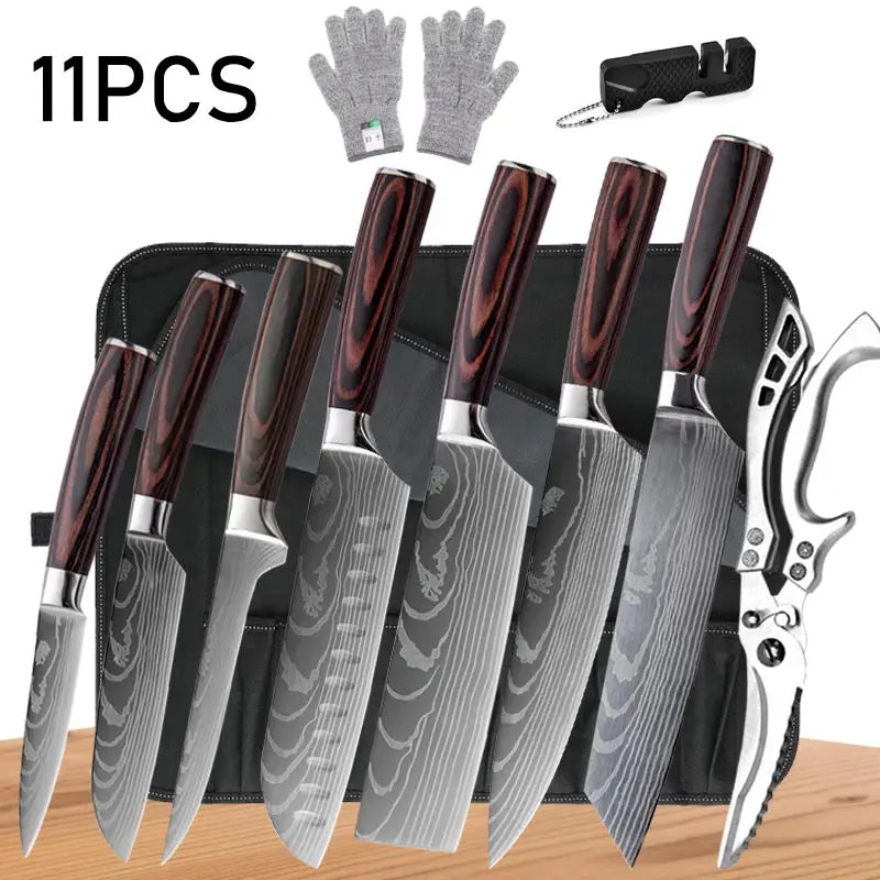 WXCOO Chef Knife Japanese Kitchen Knives Set Professional Laser Damascus Pattern Stainless Steel Meat Cleaver Slicer Knife