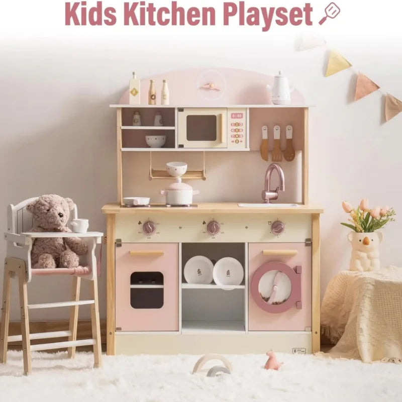 Robotime Robud Wooden Play Kitchen with Realistic Accessories Toy Kitchen Set with Play Features Toy Kitchen for Girls Boys