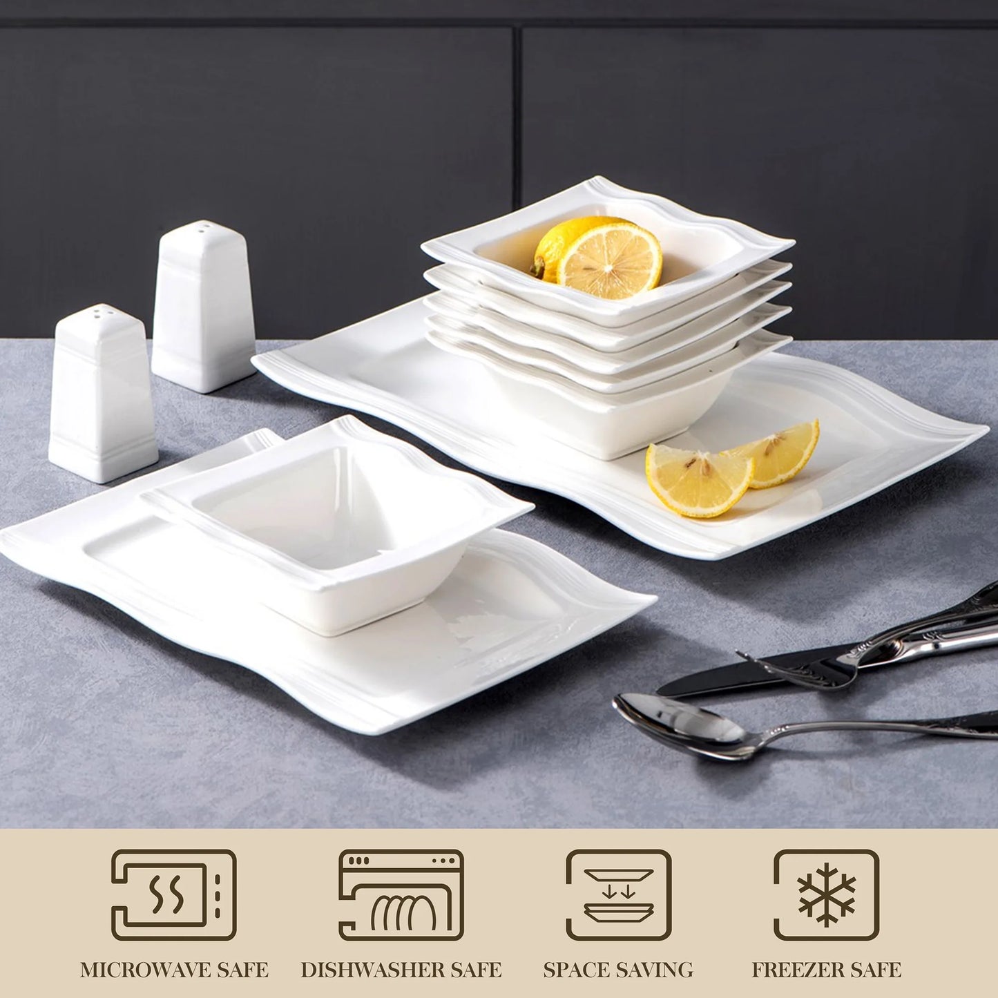 MALACASA Square Dinnerware Sets 28 Piece White Porcelain Plates and Bowls Set Salt Pepper Pot Salad Pasta Bowls Dinner Set