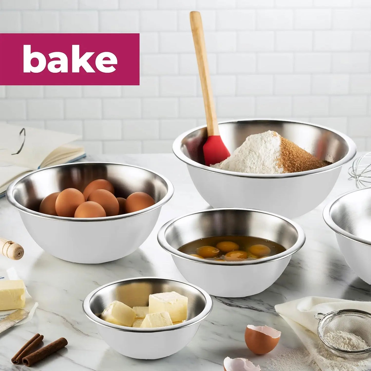 FineDine Stainless Steel Mixing Bowls (Set of 5) Stainless Steel Mixing Bowl Set - Easy To Clean, Nesting Bowls