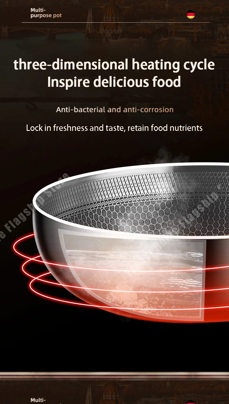 316 Stainless Steel Frying Pan Wok Non-stick Cooking Honeycomb Steak Gas Stove Pot Induction General Saucepan Kitchen Cookware