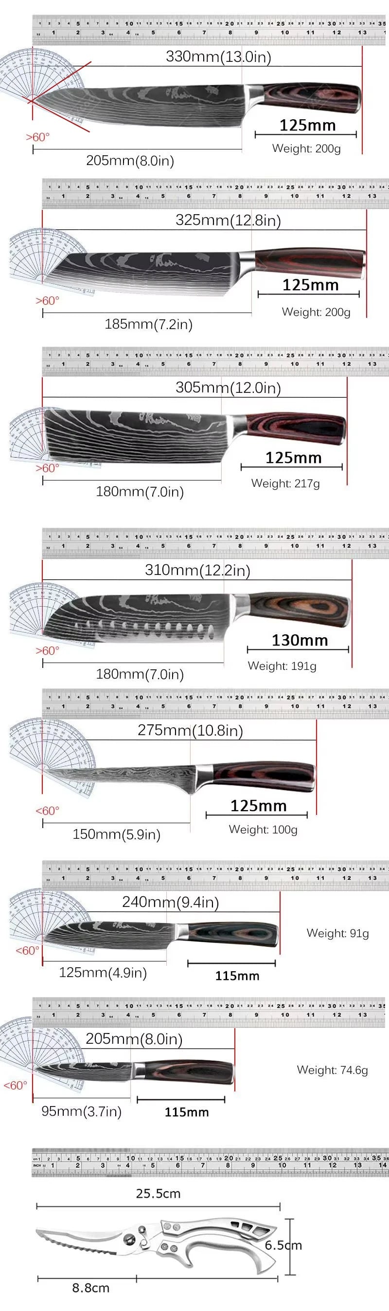 WXCOO Chef Knife Japanese Kitchen Knives Set Professional Laser Damascus Pattern Stainless Steel Meat Cleaver Slicer Knife
