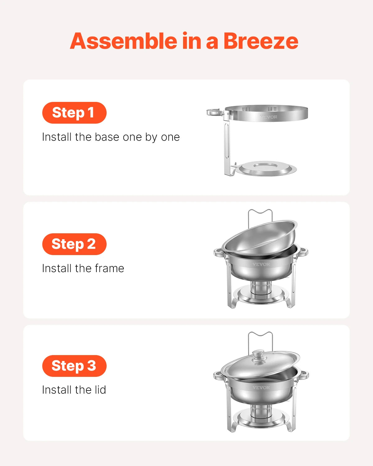 VEVOR 2 Pack 5QT Chafing Dish Buffet Set Stainless Steel Chafer with 2 Full Size Pans Round Catering Warmer Server Lid Water Pan