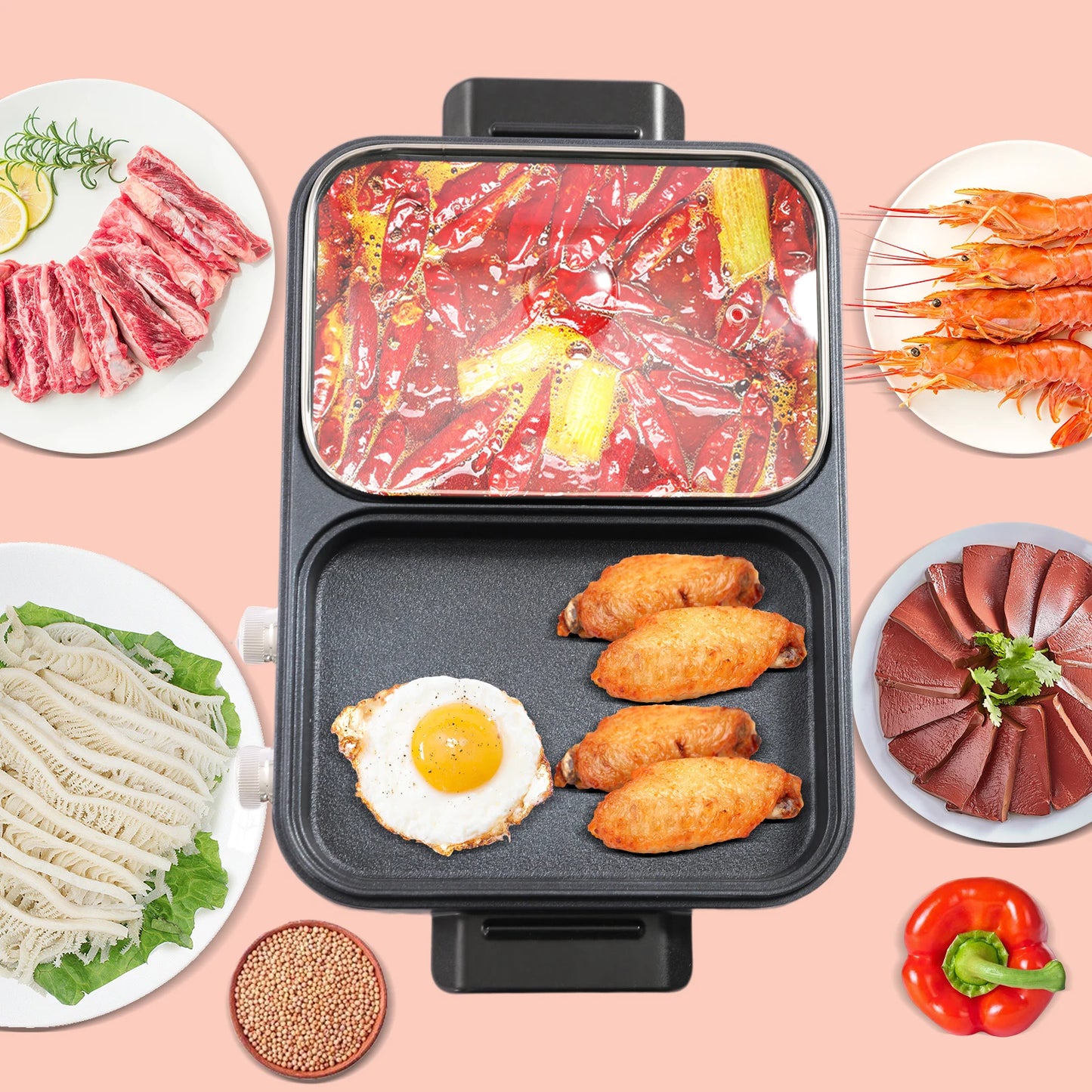 Electric Griddle and Hot Pot - Multi-Function Heating Grill and Cooking Pot