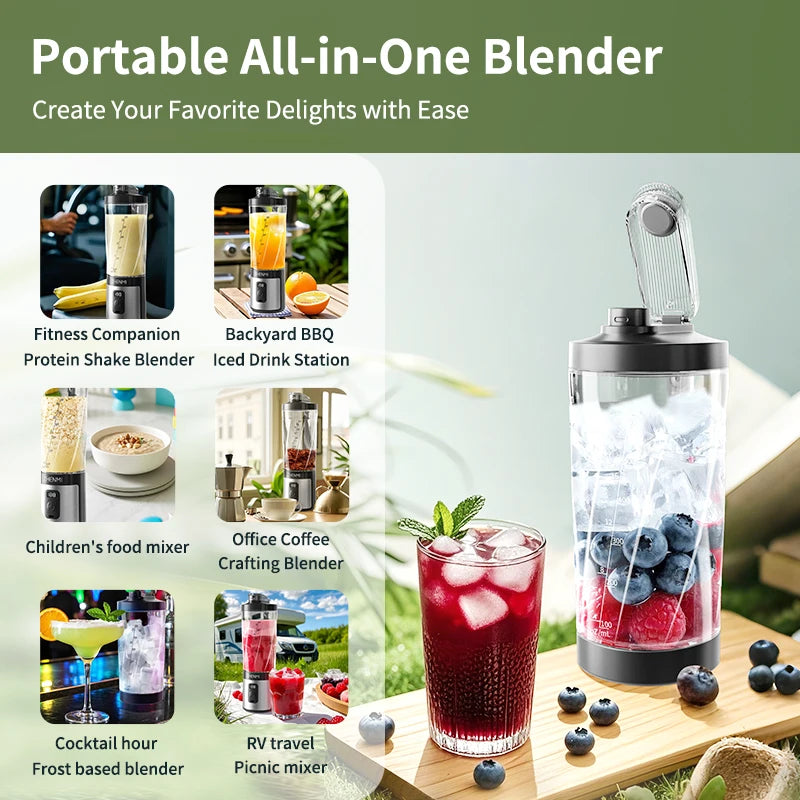 Portable Ice-Crushing Blender,  600ml High-Speed Blending for Smoothies, , Shakes, Food Prep, and Frozen Blending