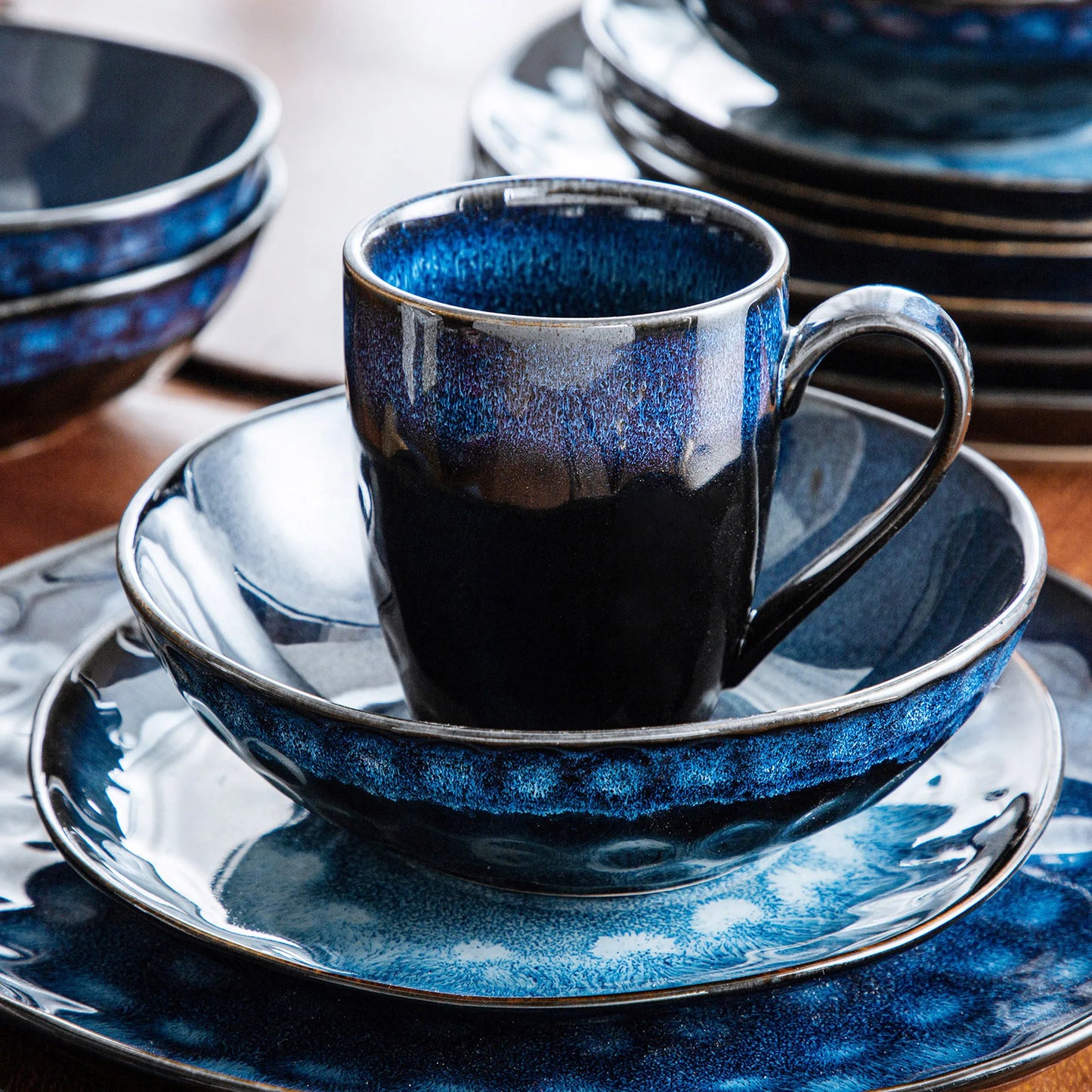 VANCASSO 16/32/48-Piece Starry Blue Dinner Set,Kiln Change Glaze Tableware Dinner Set with Dinner Plate,Dessert Plate,Bowl,Mug