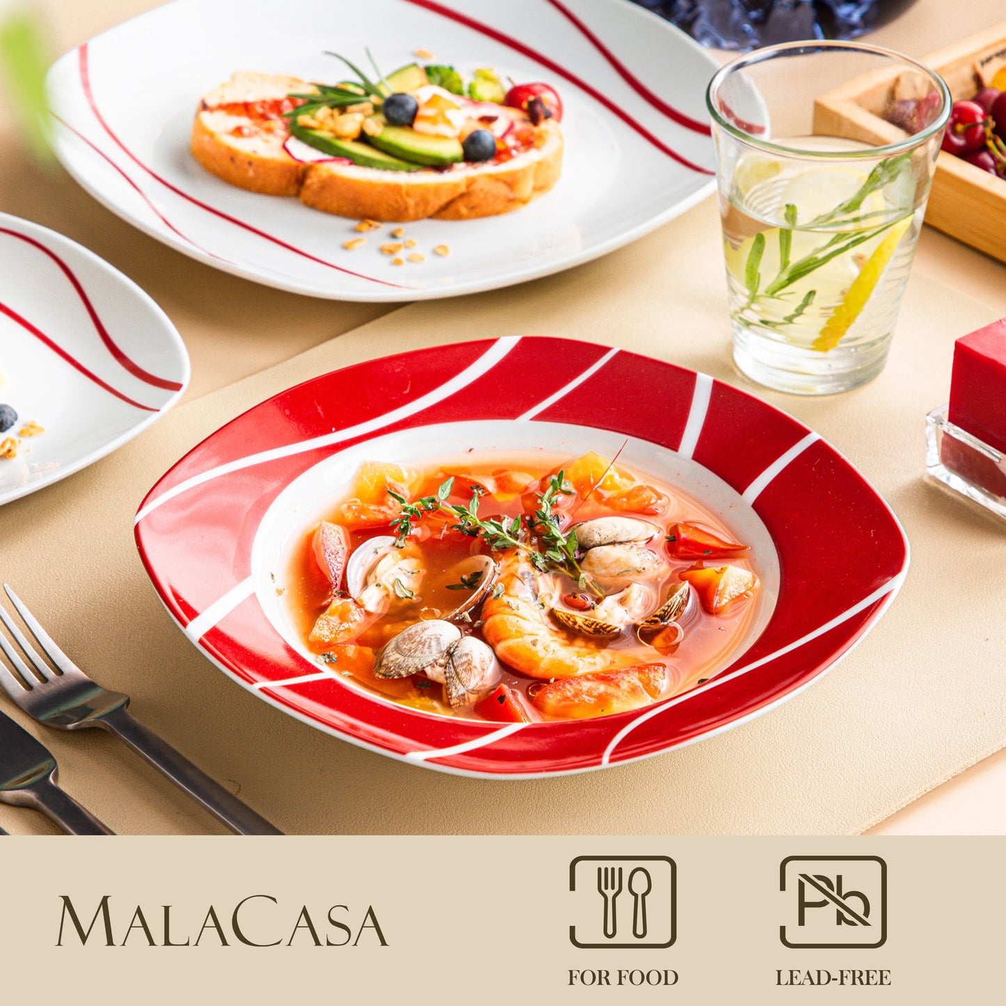 MALACASA 18/36 Piece Red Stripes Porcelain Dinner Set Dinnerware Set with 6PCS Dessert Soup Dinner Plates Service For 6person