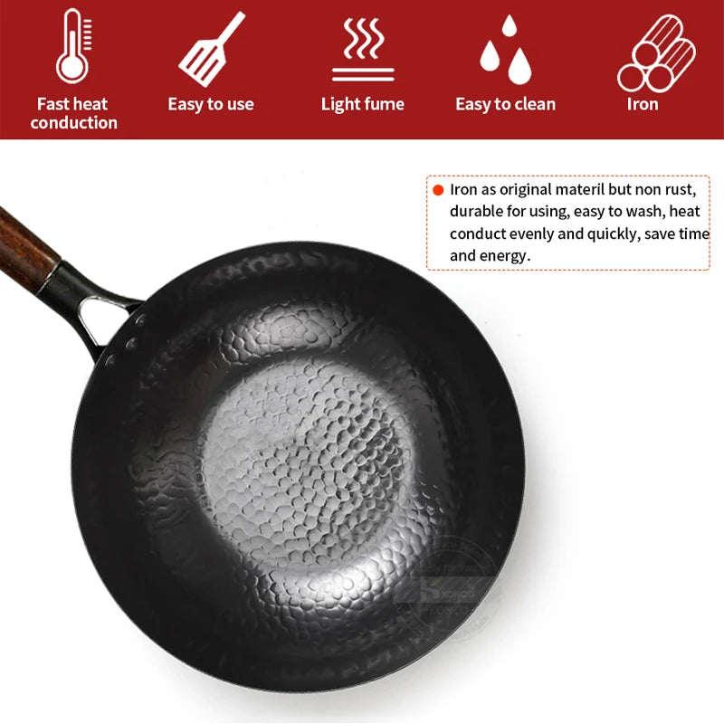 Non-coated Cast Iron Wok Non-stick Pan Smokeless Fried Pan Cook Pots Kitchen Cookware Chef Pan Cooking Tools