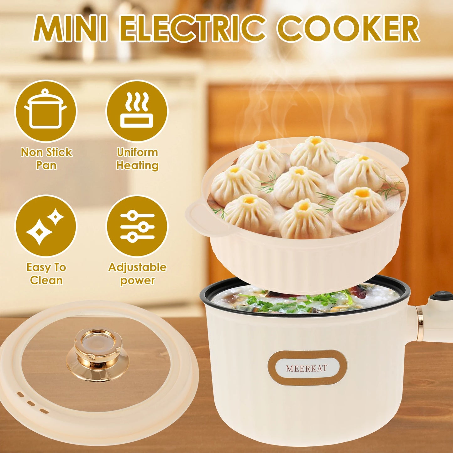 Electric Hot Pot with Steamer 1.6L Rapid Noodles Cooker Portable Non-Stick Electric Pot Multifunctional Mini Hot Pot with Adjust