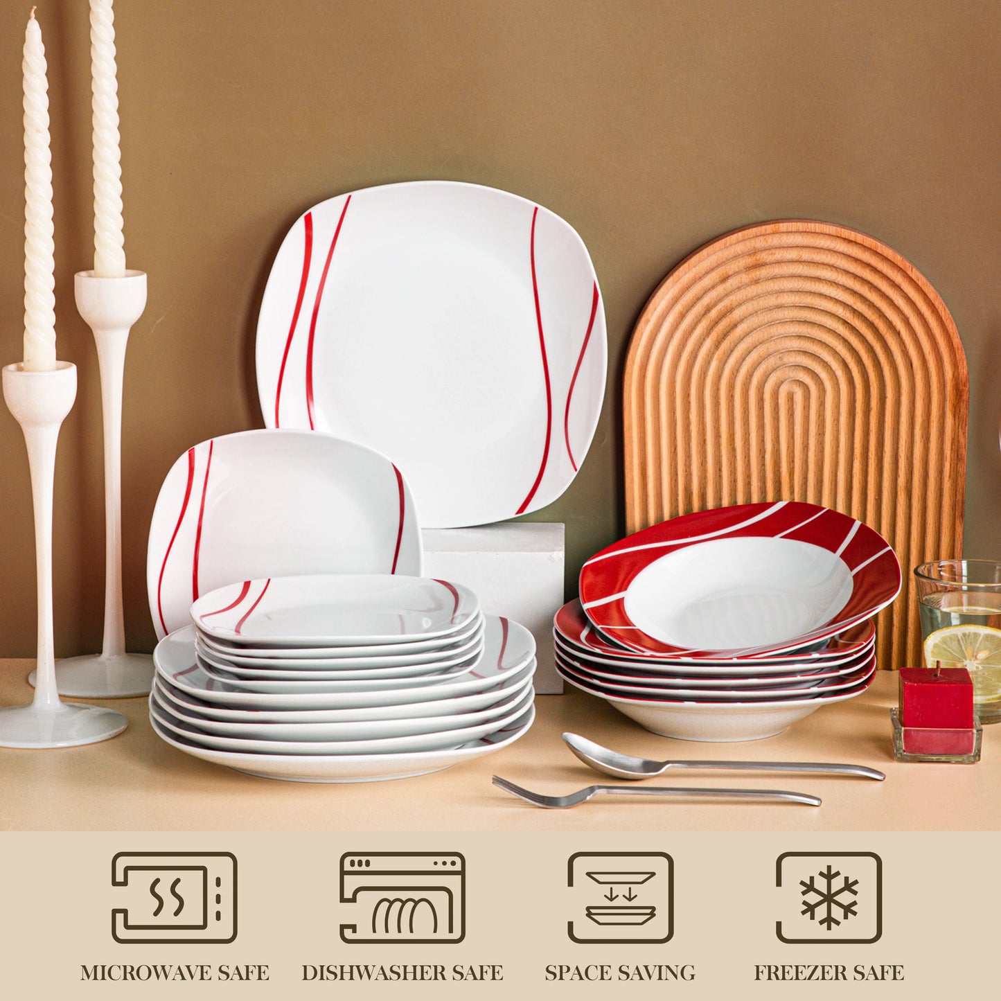 MALACASA 18/36 Piece Red Stripes Porcelain Dinner Set Dinnerware Set with 6PCS Dessert Soup Dinner Plates Service For 6person
