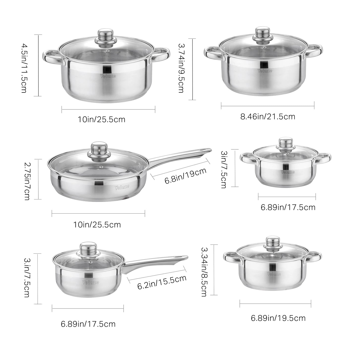 Velaze Kitchen Cookware Set 12 PCS Set Stainless Steel Cooking Pot&Pan Sets, Induction Safe, Saucepan, Casserole,with Glass lid
