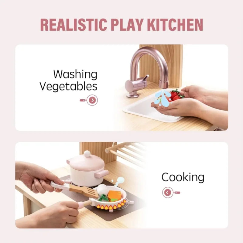 Robotime Robud Wooden Play Kitchen with Realistic Accessories Toy Kitchen Set with Play Features Toy Kitchen for Girls Boys