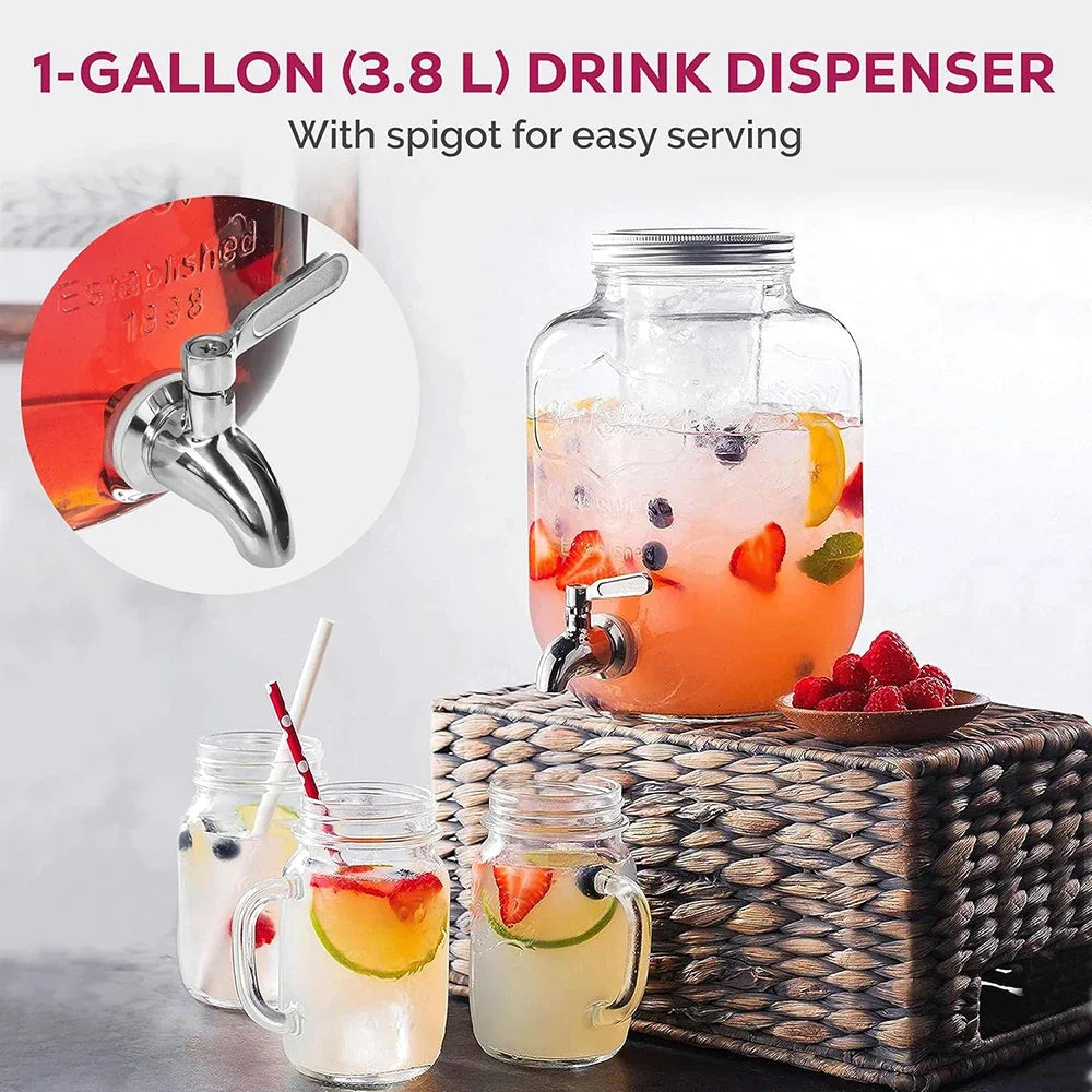 Beverage Dispensers With Ice Cylinder Spigot Campping Outdoor Glass Juice Drink Dispenser For Fridge BBQ Picnic Serveware 3.7L