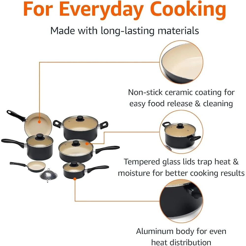 Ceramic Nonstick Cookware Set 11-Piece PFOA PTFE Free Healthy Cooking Pots Pans Aluminium Body with Glass Lids Dishwasher Safe