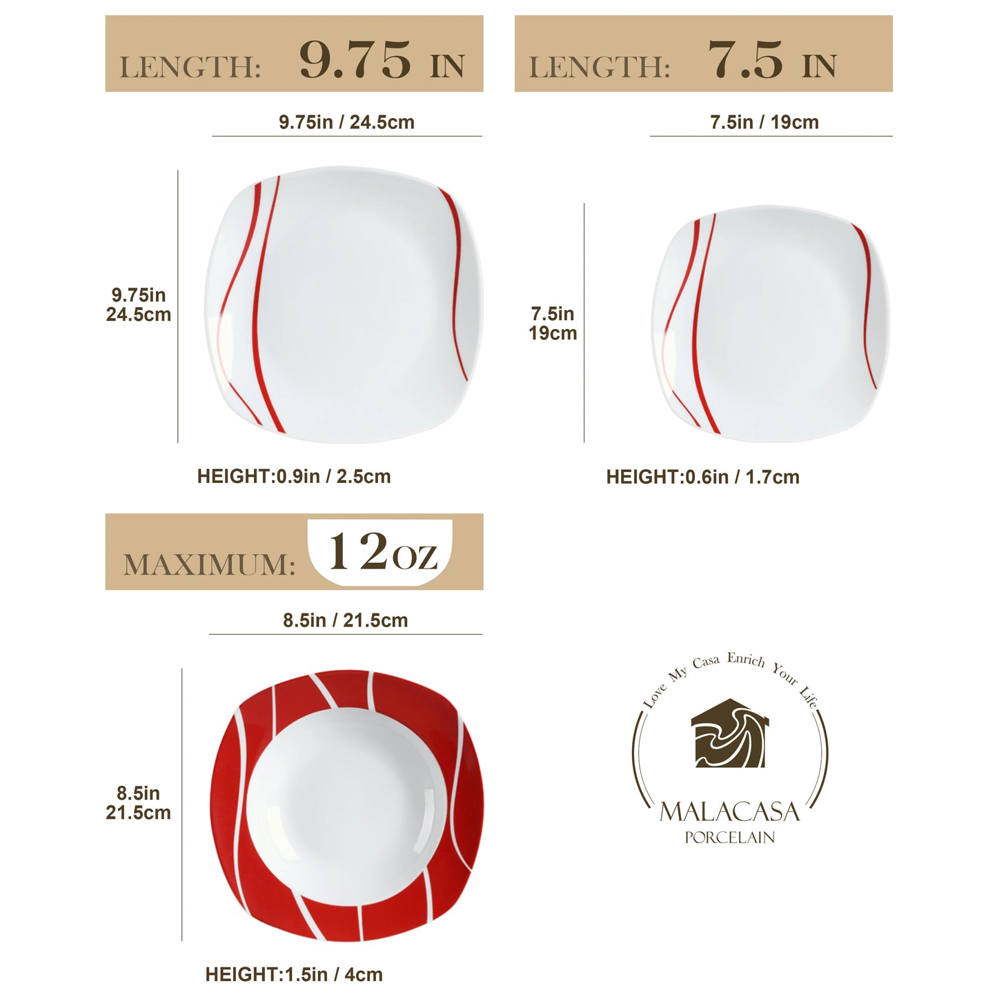MALACASA 18/36 Piece Red Stripes Porcelain Dinner Set Dinnerware Set with 6PCS Dessert Soup Dinner Plates Service For 6person
