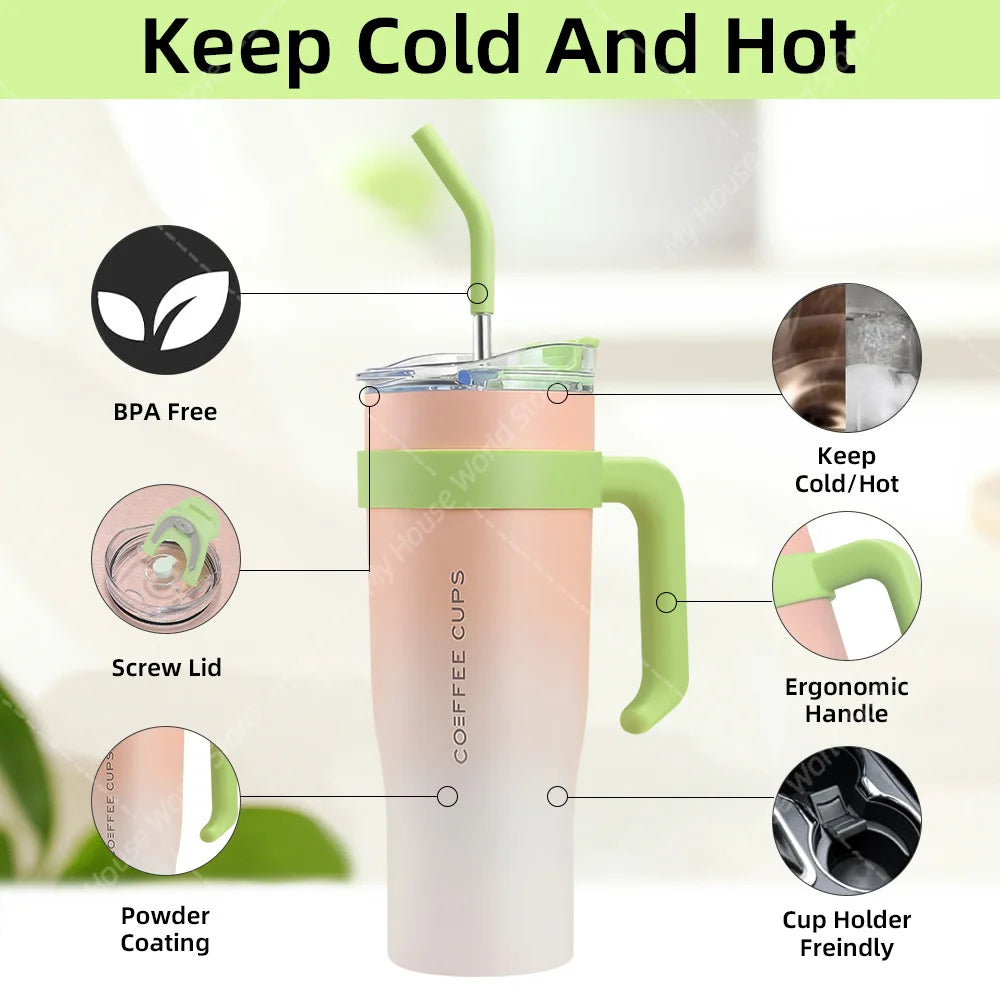 40oz Stainless Steel Thermos Bottle with Handle Straw Gradient Large-Capacity Coffee Cup Insulated Tumbler Bottle Thermal Mug