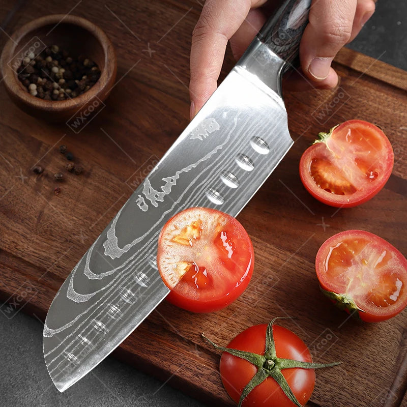 WXCOO Chef Knife Japanese Kitchen Knives Set Professional Laser Damascus Pattern Stainless Steel Meat Cleaver Slicer Knife