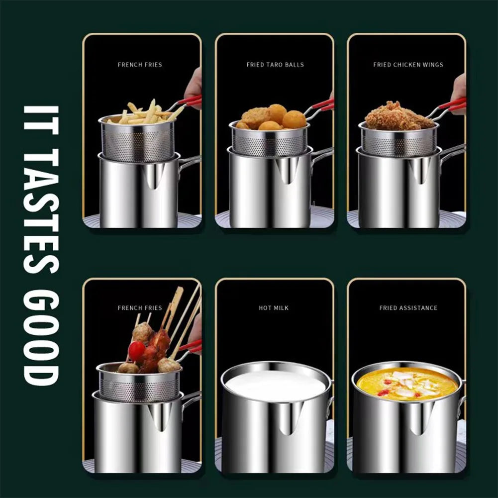 Tempura Small Deep Frying Pan with Strainer Basket Stainless Steel Deep Fryer Pot Portable Cooking Pot for Kitchen Fried Chicken