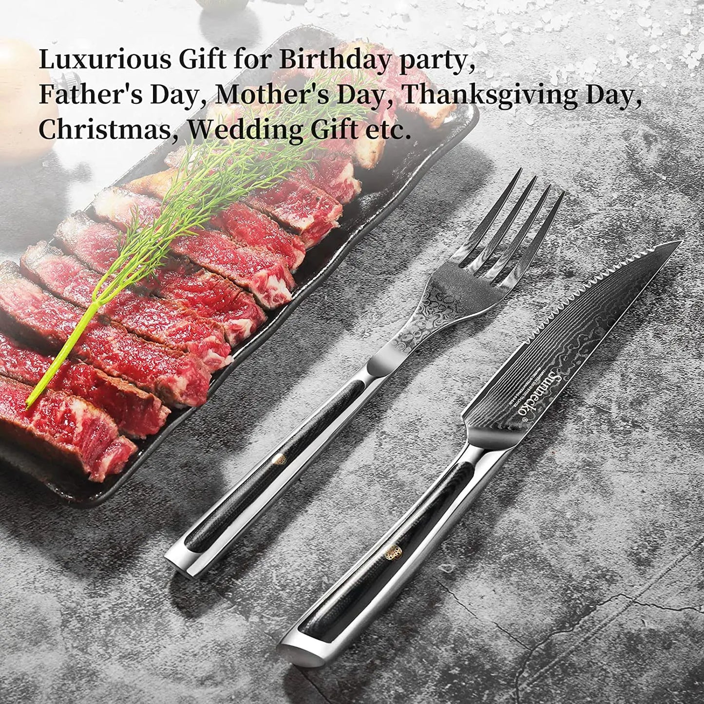 Sunnecko Forks and Steak Knives Set 73 Layers VG10 Damascus Steel Table Meat Slicing Knife Ultra Sharp Tableware Cutlery Tools