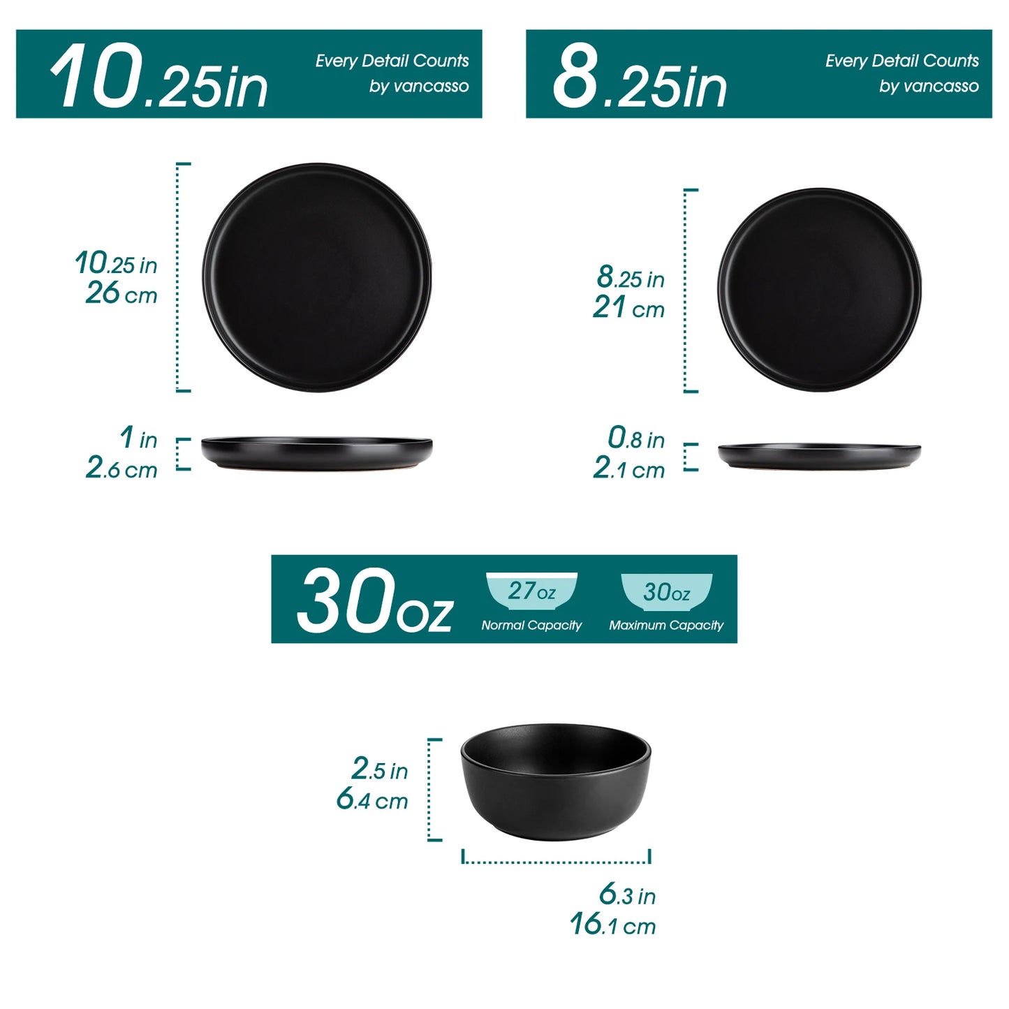 vancasso 18/36 PCS Black Reactive Glaze Dinnerware Set Stoneware Plates Set Microwave Safe with 6PCS Dinner Plate/Dessert/Bowl