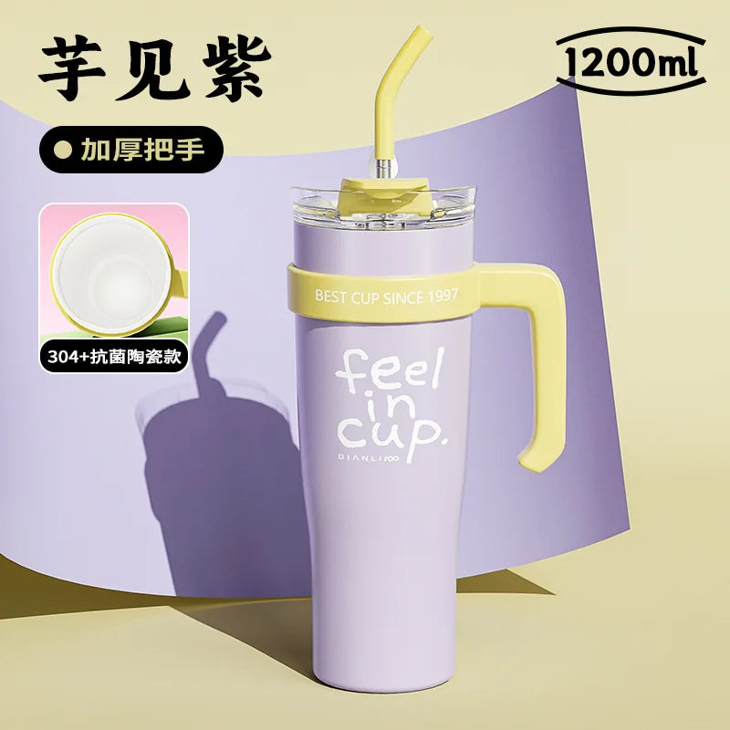 1200ml Ice Cup High quality Thermos cup with straw and handle Large capacity double cup heat preservation
