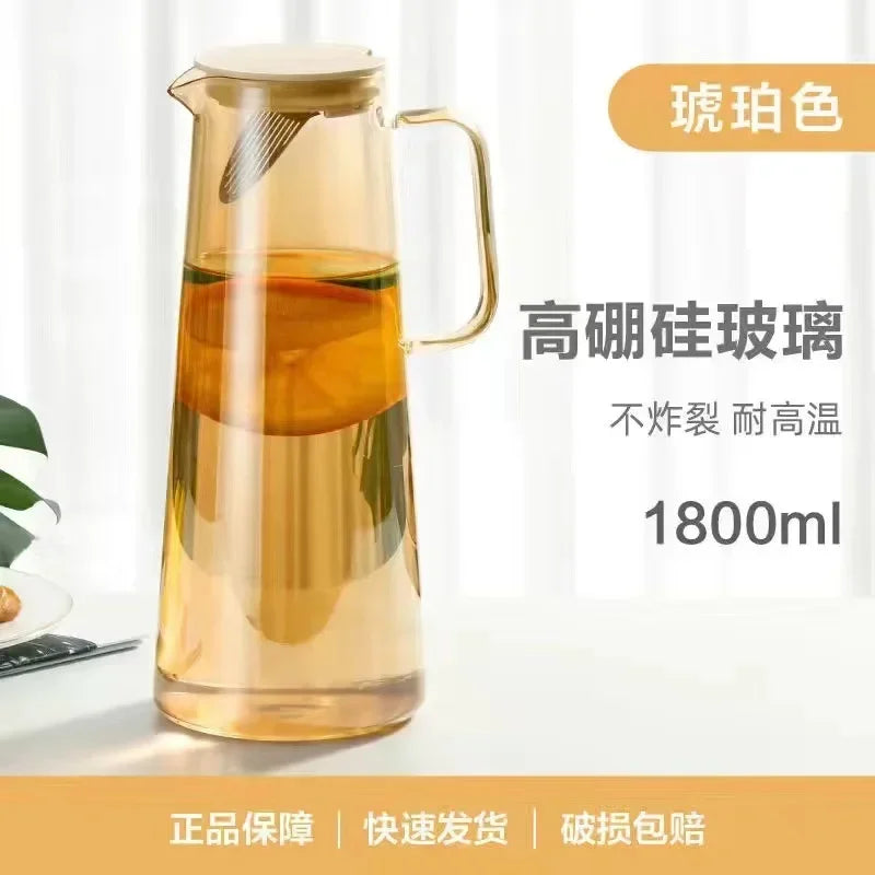 1.8L Glass Pot Pitcher with Lid Easy Clean Heat Resistant Glass Water Jug Refrigerator Carafe with Handle for Hot/Cold Beverages