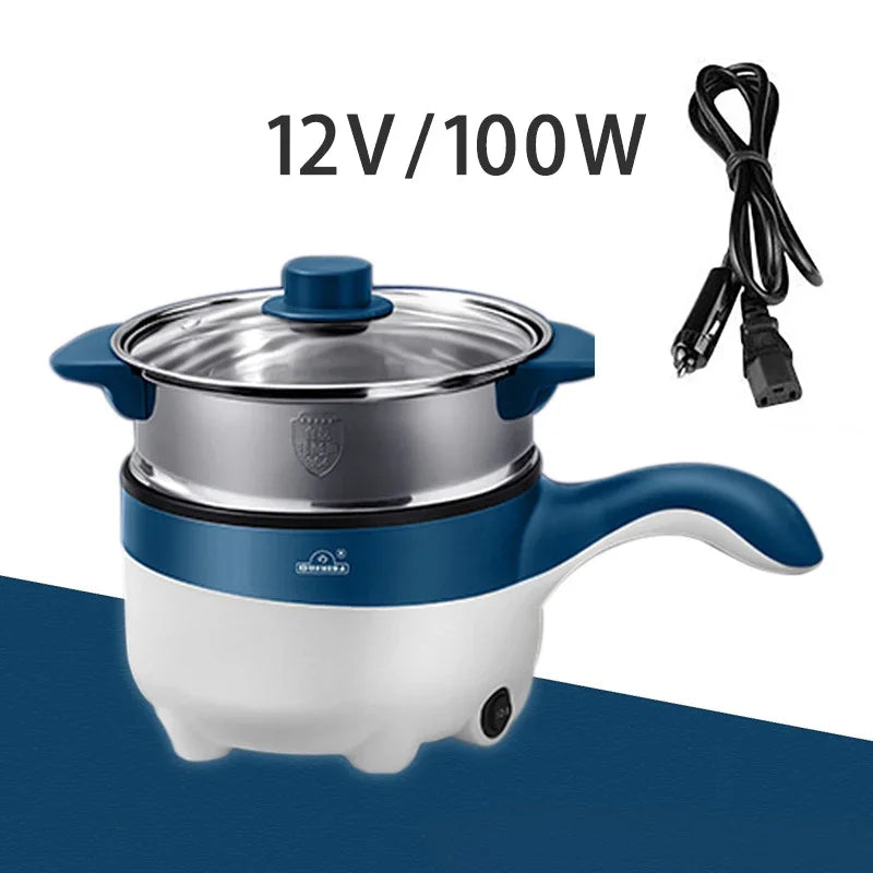 Mini 2L 12/24V Car Truck Non-stick Multifunction Electric Cooking Skillet with Streamer for Soup Fry Stew Cook Hot Pot 180W