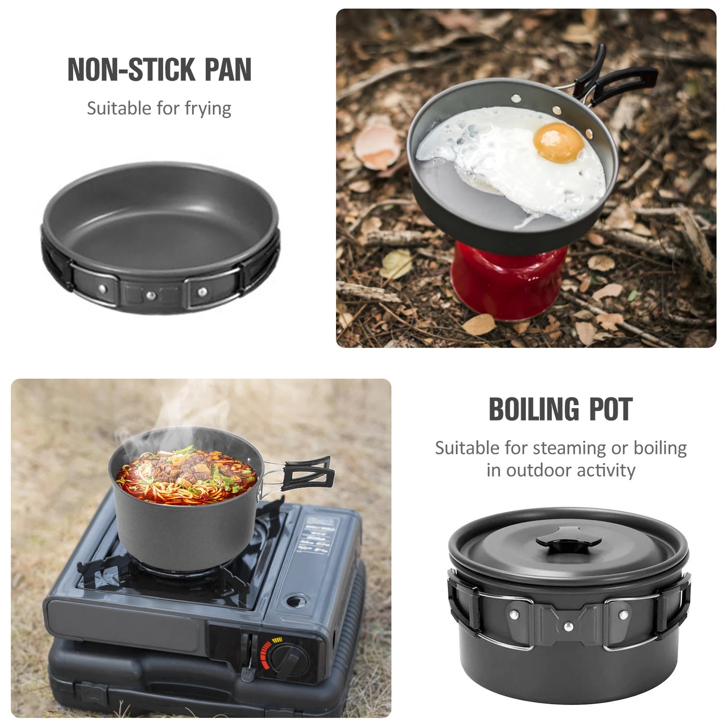 Camping Cookware Set Pot Frying Pan Non-stick Lightweight Stackable Storage Bag Suitable for 2-3 Person Outdoor Utensils