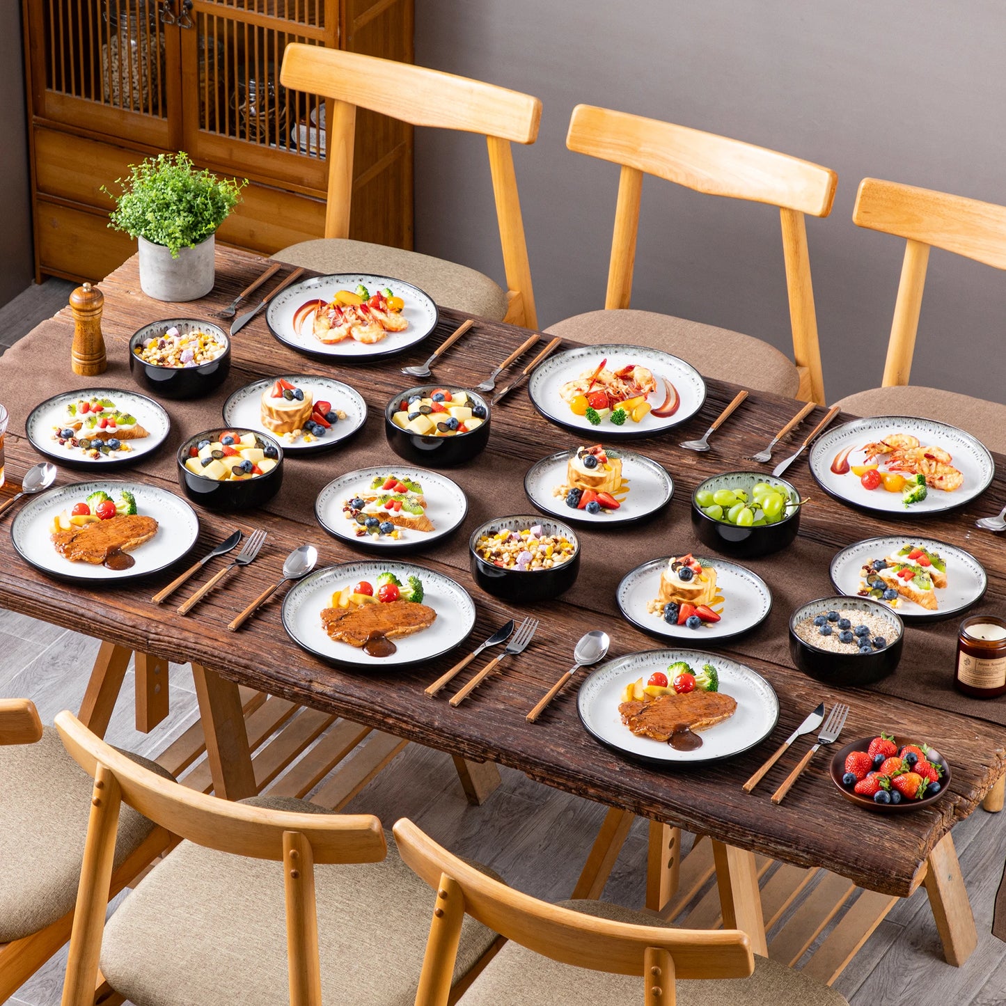 vancasso 18/36 Piece White black Ceramic Plate Sets Mediterranean Stoneware Dinner Set with 6PCS Dinner Plate/Dessert/Bowl/Soup