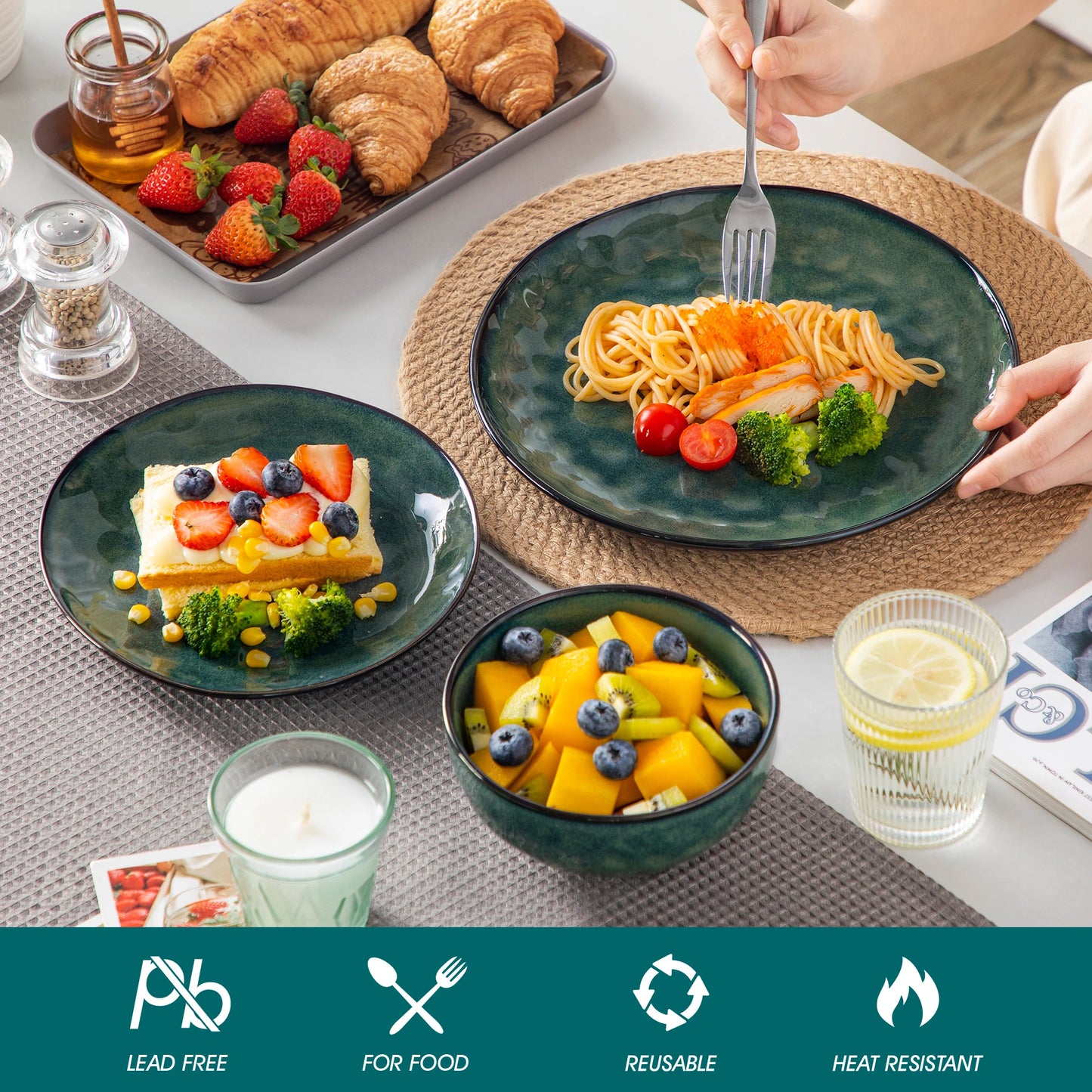 vancasso 12/24 Pcs Green Ceramic Plates Set Kiln Change Stoneware Dinner Set with 4PCS Dinner Plate/Dessert/Cereal Bowl for 4/8