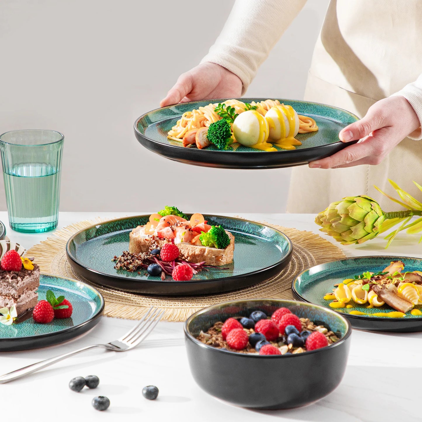 vancasso 18/36 Piece Green Reactive glaze Dinnerware Set Oven Safe Stoneware Set with 6PCS Dinner Plate/Dessert Plate/Bowl