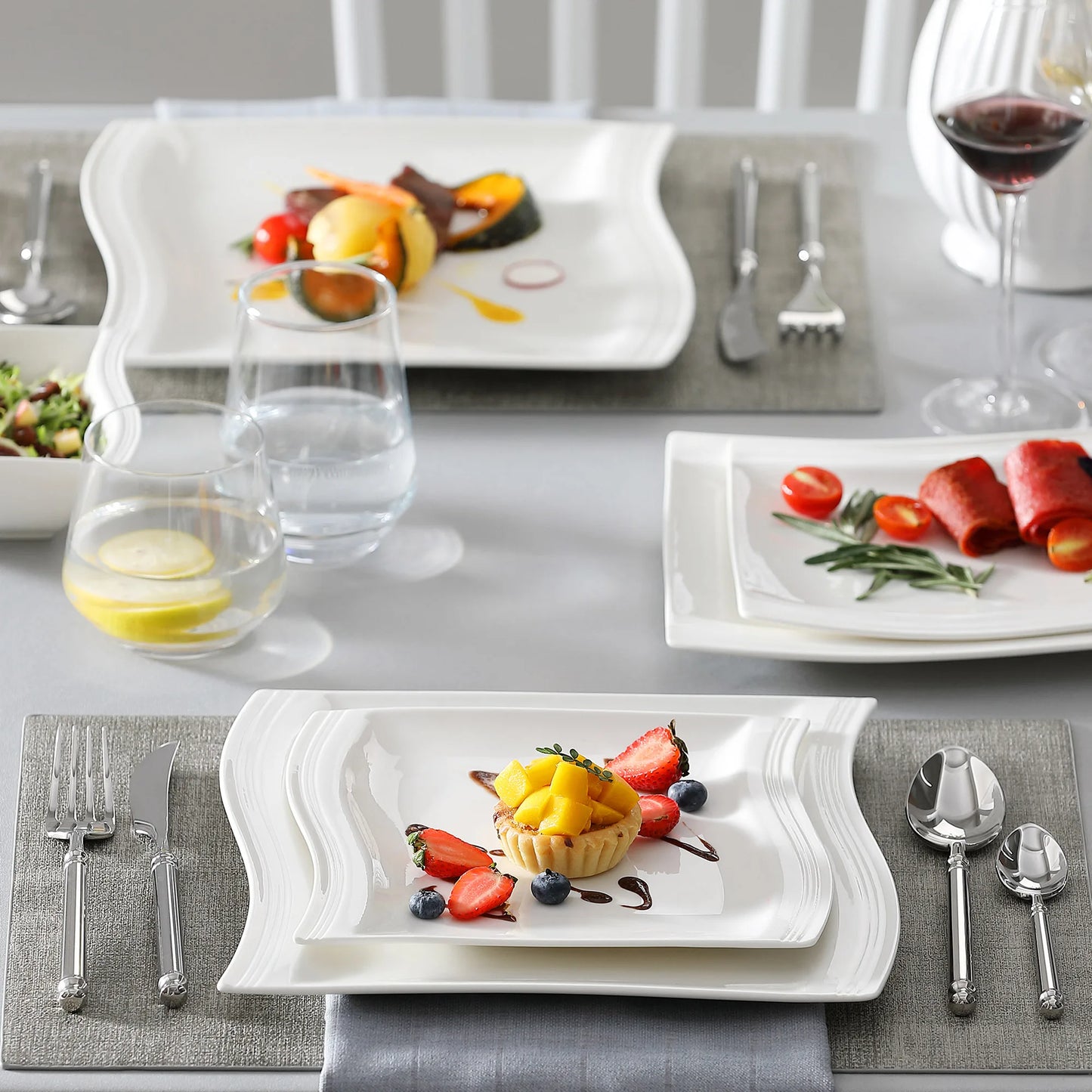 MALACASA 26-Piece Ceramic Porcelain Dinner Set with Bowls Dessert Soup Dinner Plates Rectangular Plates Set Service for 6 Person