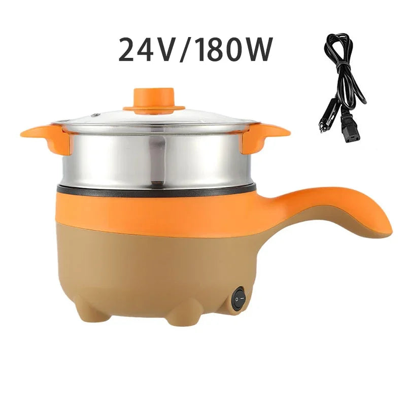 Mini 2L 12/24V Car Truck Non-stick Multifunction Electric Cooking Skillet with Streamer for Soup Fry Stew Cook Hot Pot 180W